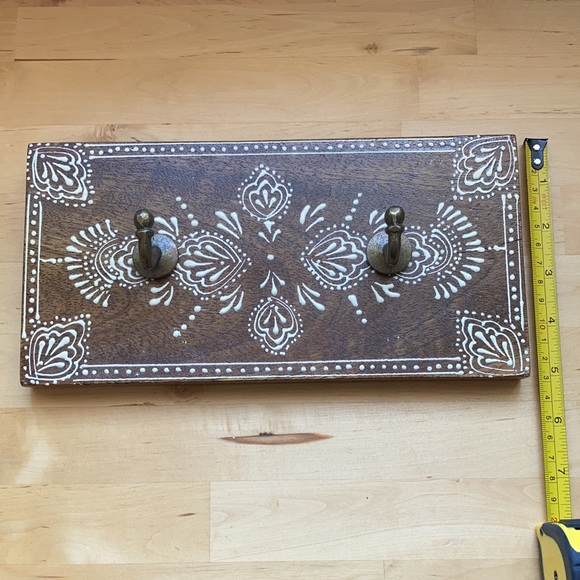 Urban Outfitters dark wood hand painted boho wall shelf w/ 2 hooks made in India - Picture 9 of 9